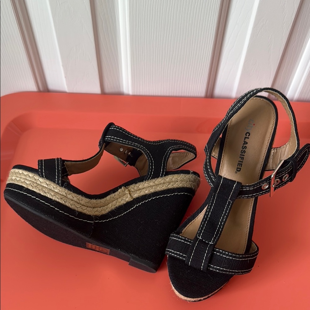 Cityclassified Black Wedge Sandals with Espadrille Trim